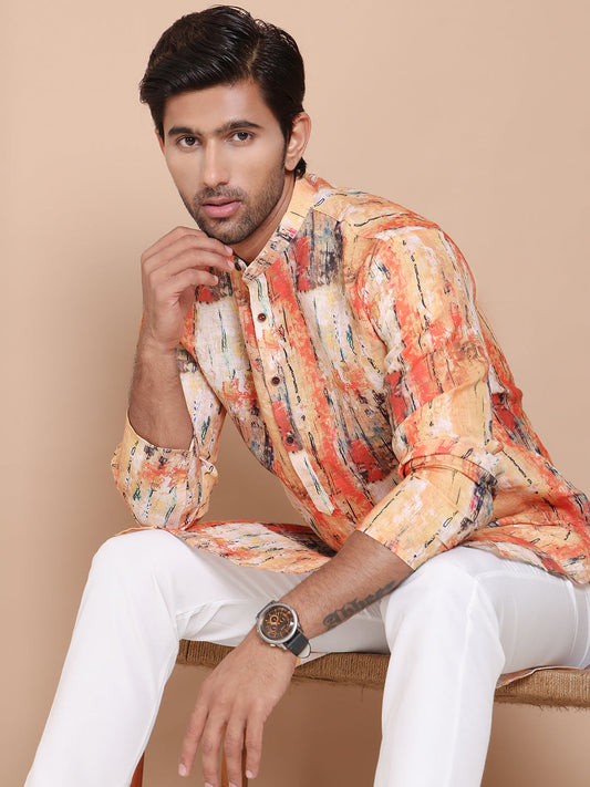 Men's Printed Pure Cotton Kurtas ( KO 5079Orange )