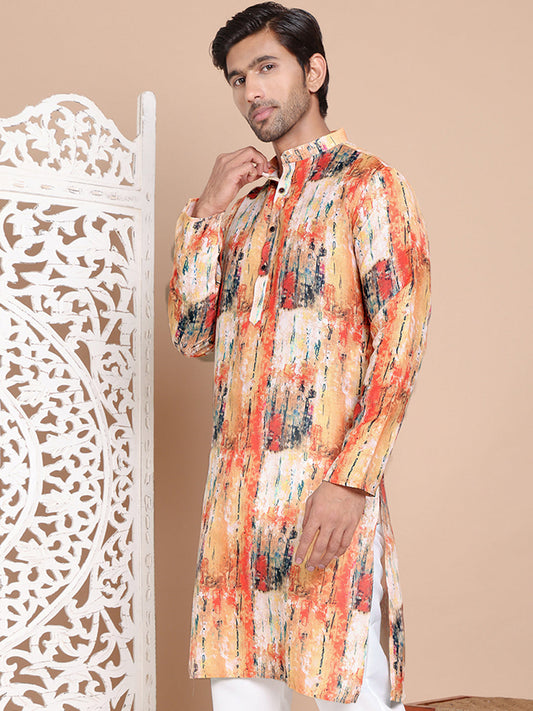Men's Printed Pure Cotton Kurtas ( KO 5079Orange )