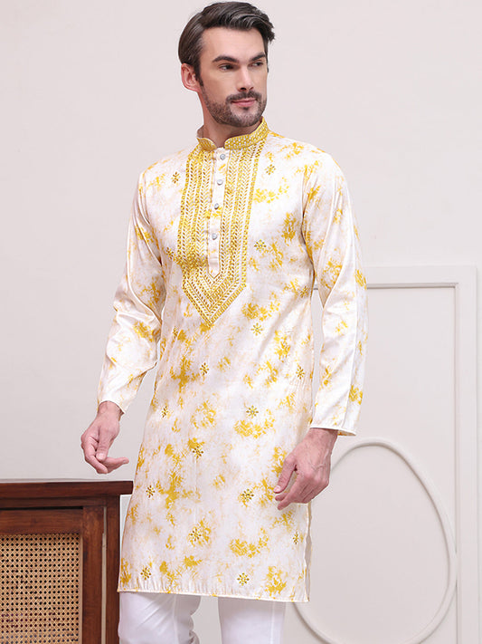 Stone Print With Embroidered kurtas ( KO 5102Yellow )