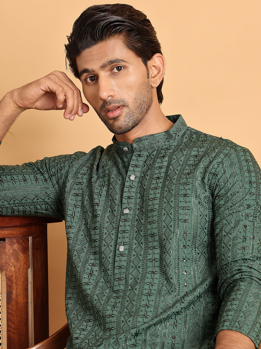 Embroidered Straight Kurtas For Men ( KO 5118Sea-Green )