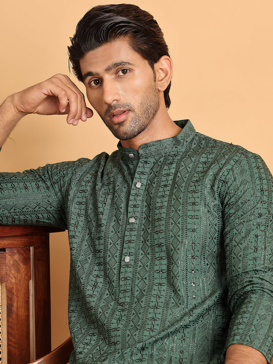 Embroidered Straight Kurtas For Men ( KO 5118Sea-Green )