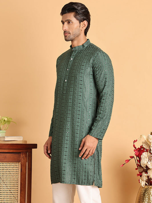 Embroidered Straight Kurtas For Men ( KO 5118Sea-Green )