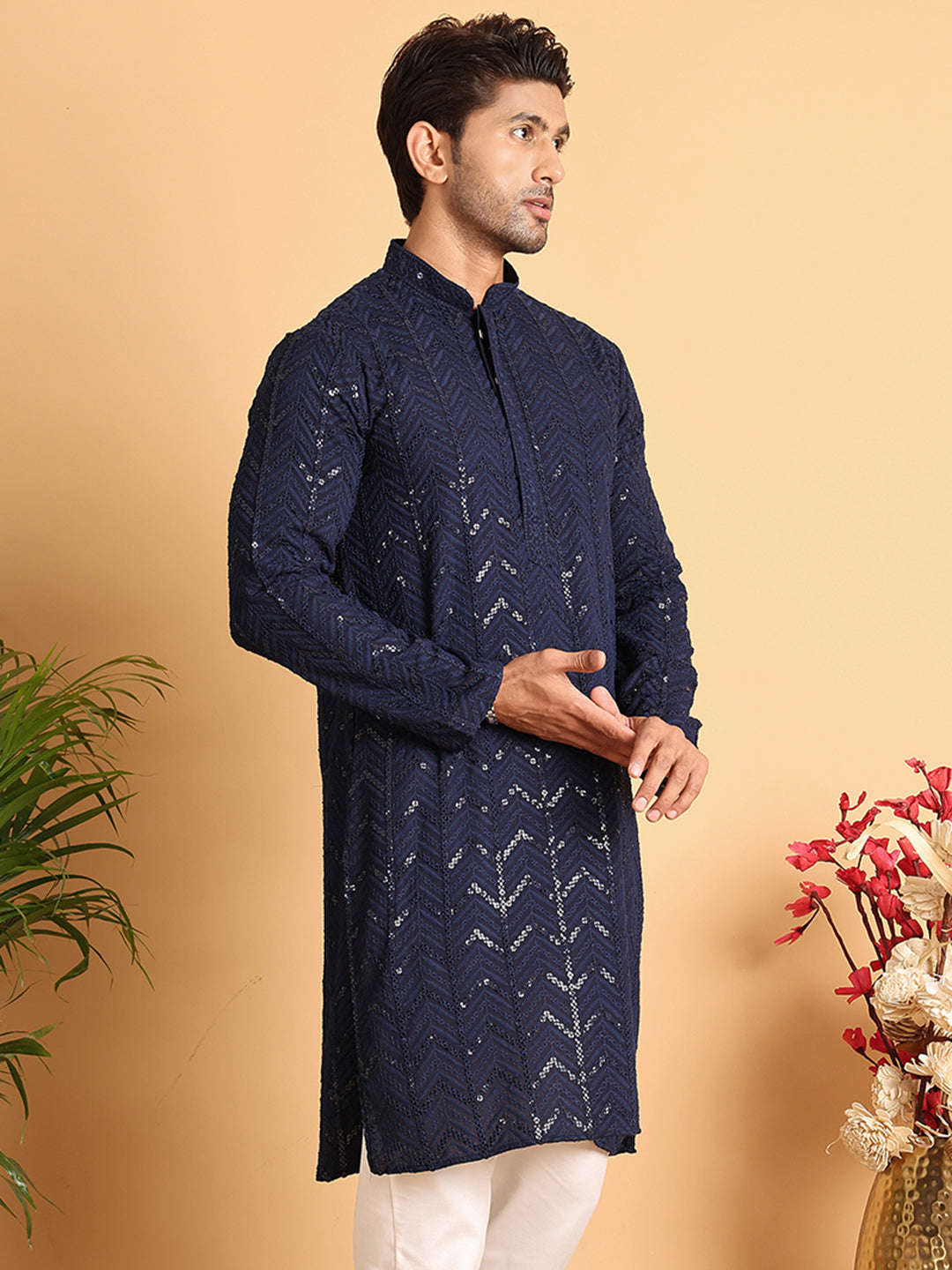 Embroidered Sequined Viscose Straight Kurta. ( KO 5125Navy )