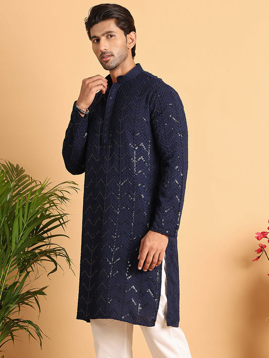 Embroidered Sequined Viscose Straight Kurta. ( KO 5125Navy )