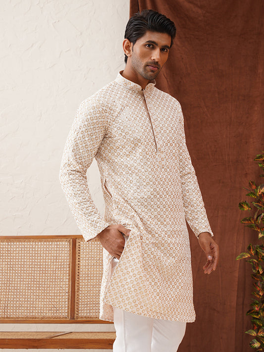 Sequins & Embroidered Kurtas For Men ( KO 5128Beige )
