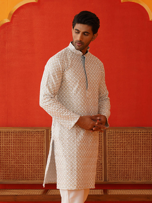 Sequins & Embroidered Kurtas For Men ( KO 5128Grey )
