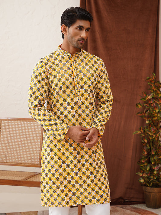 Viscose Embroidered Kurtas For Men ( KO 5129Lemon )