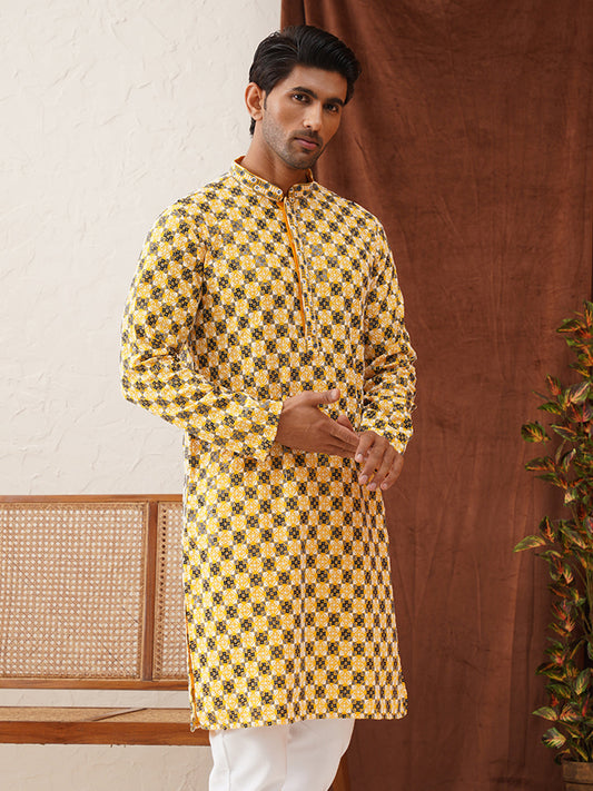 Viscose Embroidered Kurtas For Men ( KO 5129Lemon )