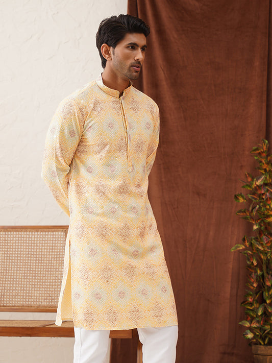 Embroidered Staight Kurtas For Men ( KO 5130Yellow )