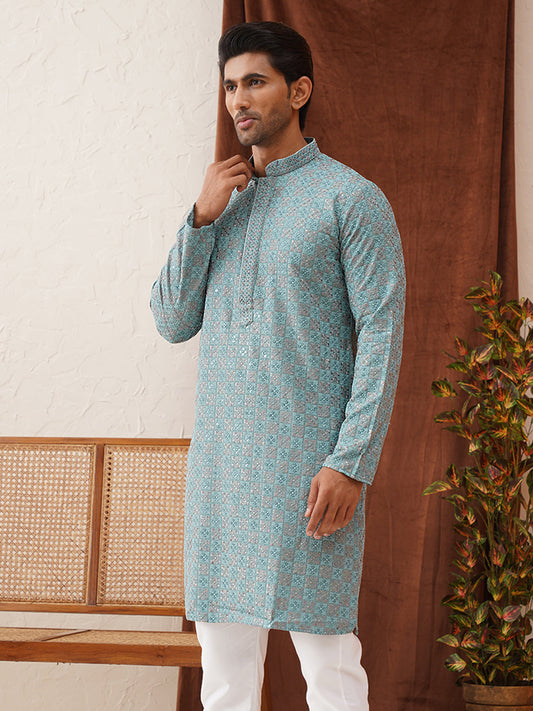 Embroidered Staight Kurtas For Men ( KO 5135Blue )