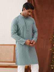Embroidered Staight Kurtas For Men ( KO 5135Blue )