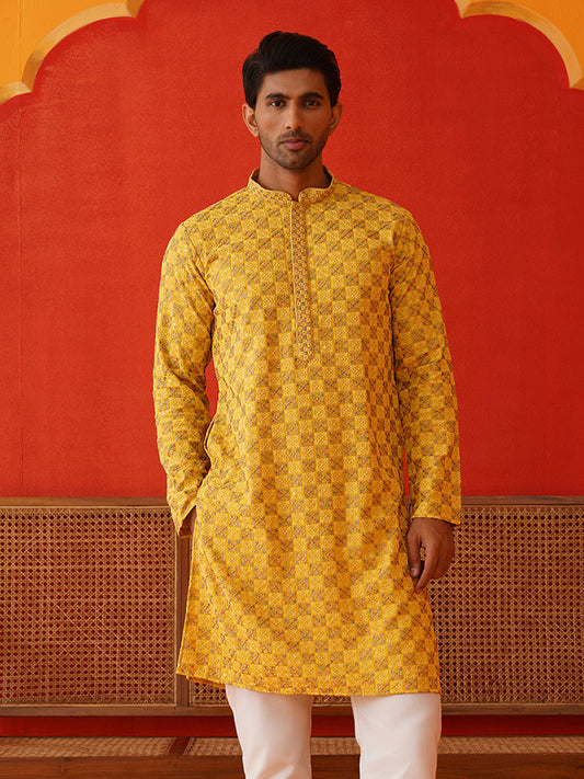 Embroidered Staight Kurtas For Men ( KO 5135Mustard )