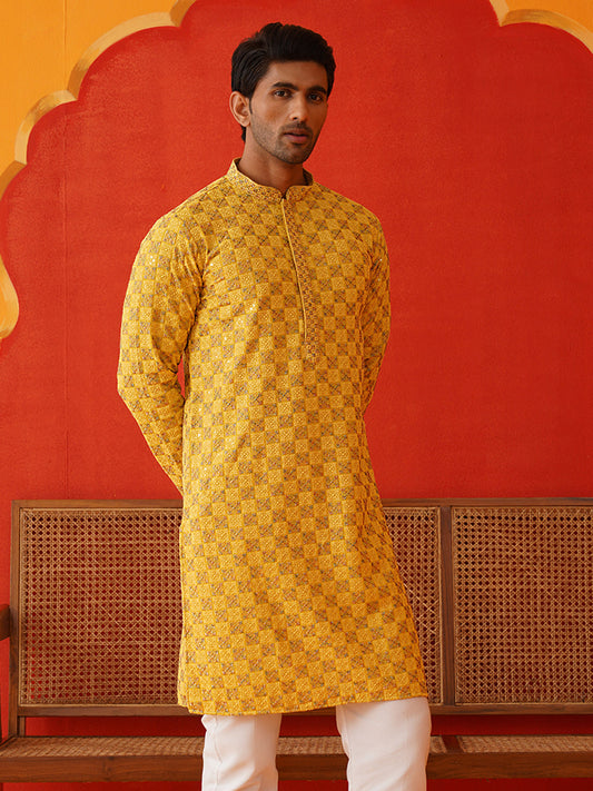 Embroidered Staight Kurtas For Men ( KO 5135Mustard )