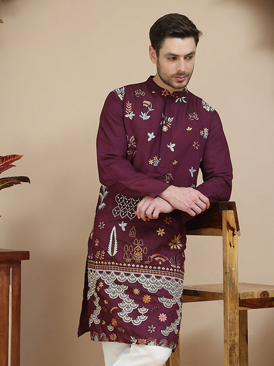Floral Embroidered and Sequins Kurtas ( KO 5140 Wine )