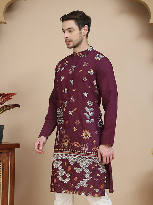Floral Embroidered and Sequins Kurtas ( KO 5140 Wine )