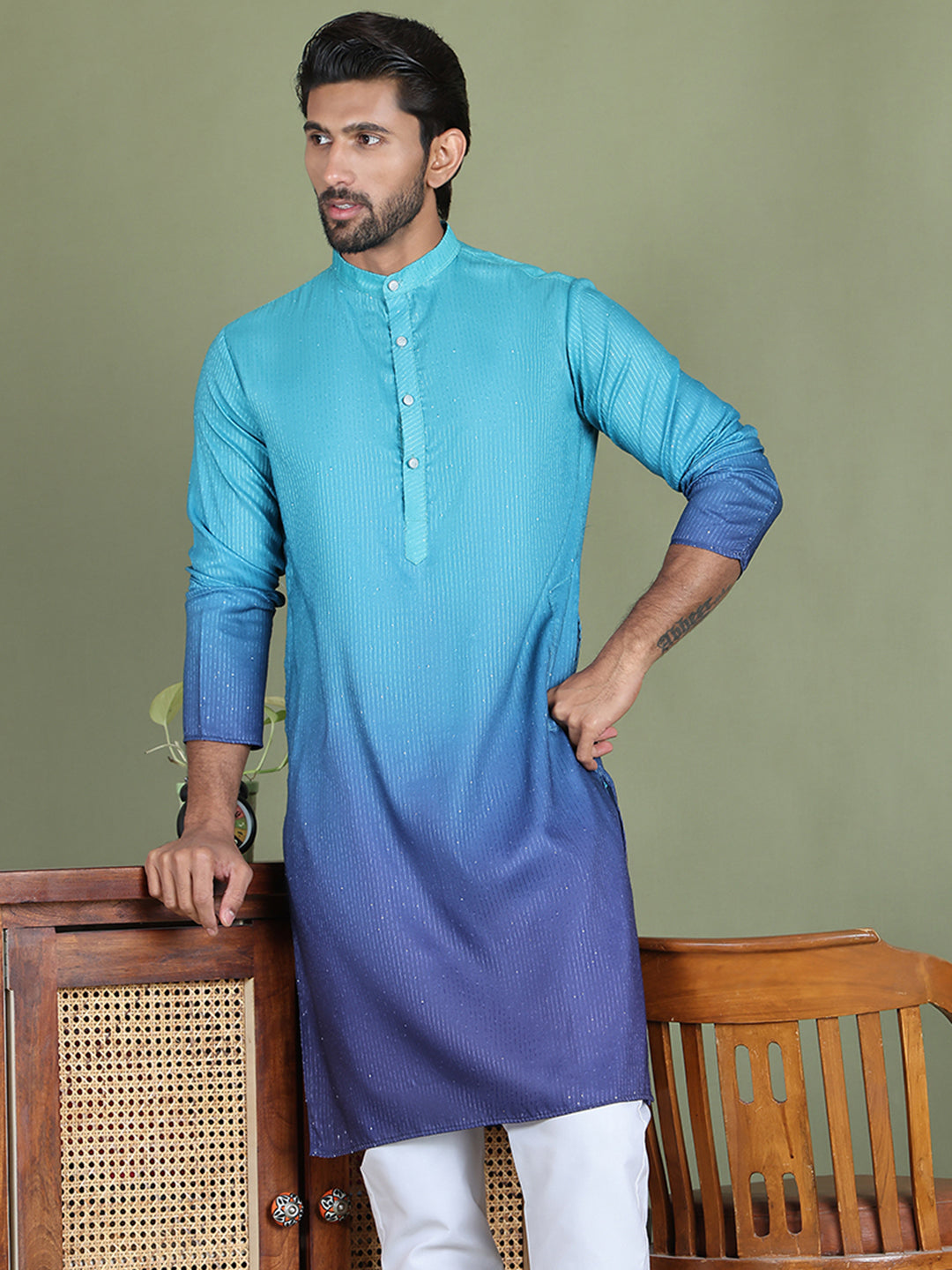 Sequins and Ombre Design Kurtas For Men ( ko 5154Blue )