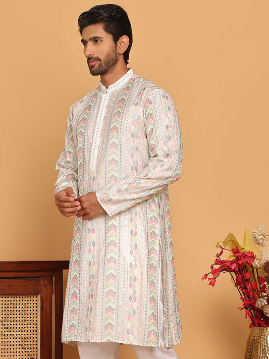 Embroidered and Sequins Kurtas for Men ( KO 5161 White )