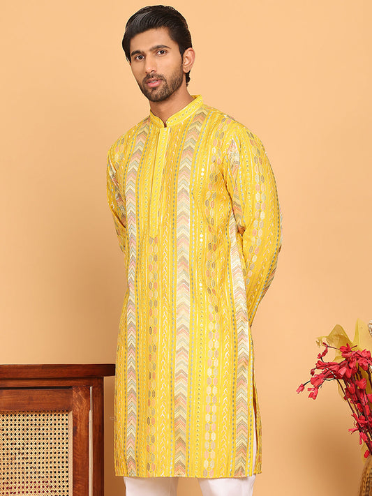 Embroidered and Sequins Kurtas for Men ( KO 5161 Yellow )