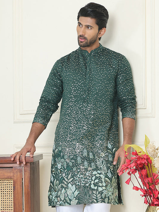 Embroidered and Sequins Silk Blend Kurtas. ( KO 5169 Olive )