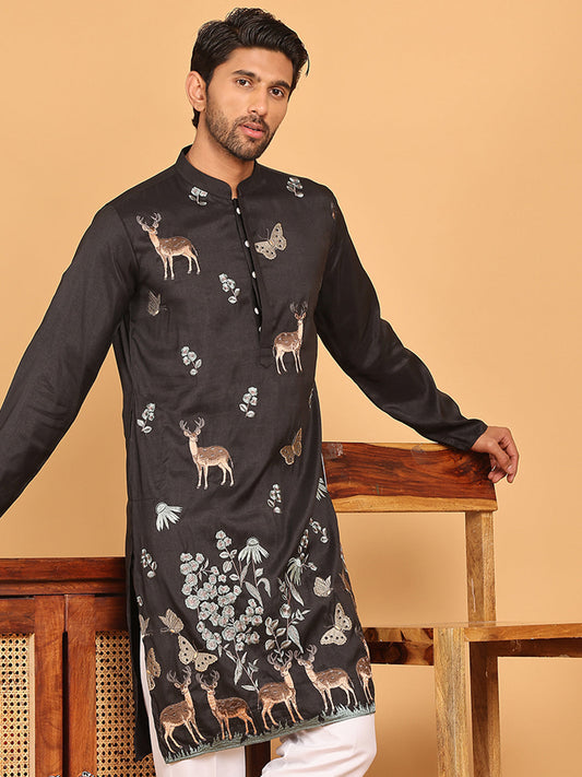 Embroidered Straight Kurtas For Men ( KO 5171 Black )