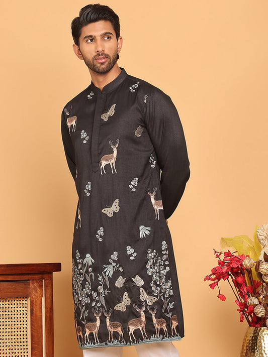 Embroidered Straight Kurtas For Men ( KO 5171 Black )