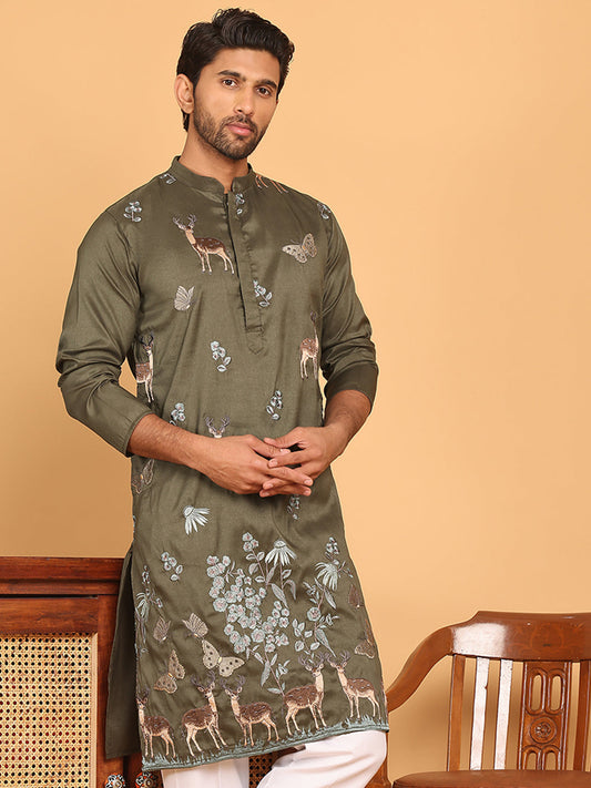 Embroidered Straight Kurtas For Men ( KO 5171 Olive )