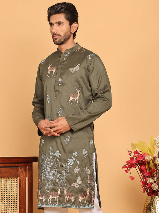 Embroidered Straight Kurtas For Men ( KO 5171 Olive )