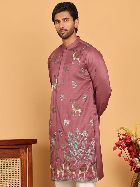 Embroidered Straight Kurtas For Men ( KO 5171 Purple )