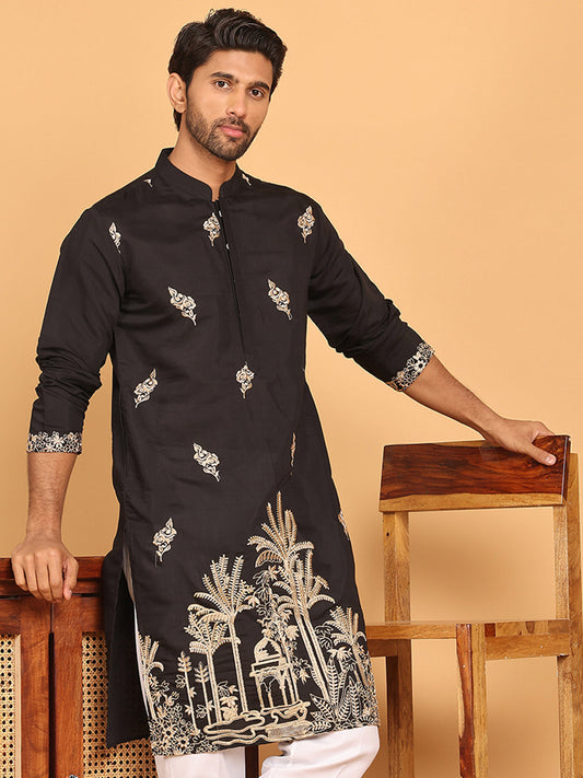 Black Embroidered Straight Kurtas For Men ( KO 5172 Black )