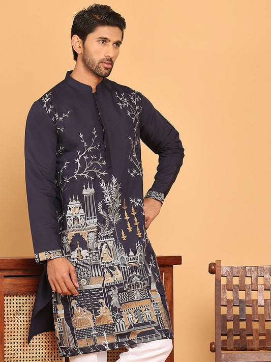 Navy Blue Embroidered Straight Kurtas For Men ( KO 5176 Navy )