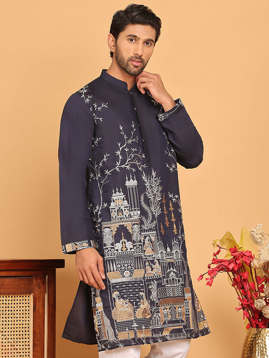 Navy Blue Embroidered Straight Kurtas For Men ( KO 5176 Navy )