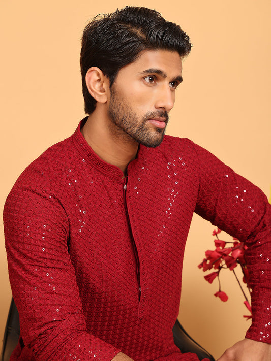 Embroidered & Sequence Kurtas for Men ( KO 5177 Maroon )
