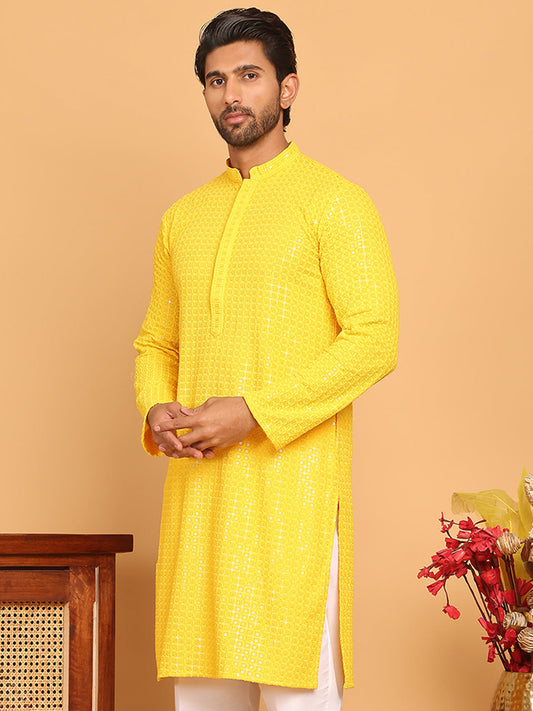 Embroidered & Sequence Kurtas for Men ( KO 5177 Yellow )