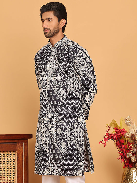Floral Embroidery Silk Blend Kurtas for Men ( KO 5182 Navy )