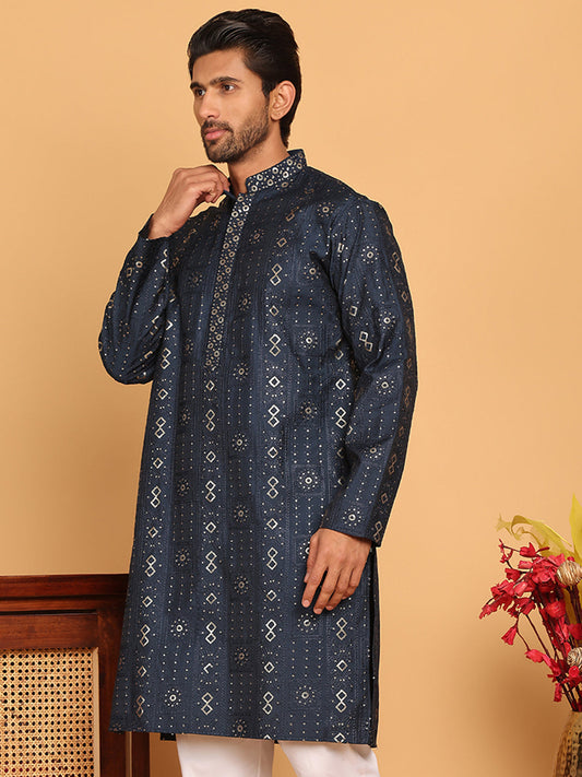 Men's Sequins Embroidered Kurtas. ( KO 5183 Navy )