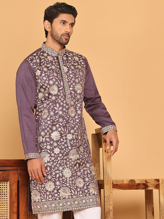 Embroidered Straight Kurtas For Men ( KO 5184 Purple )