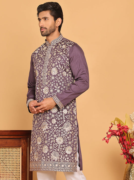 Embroidered Straight Kurtas For Men ( KO 5184 Purple )