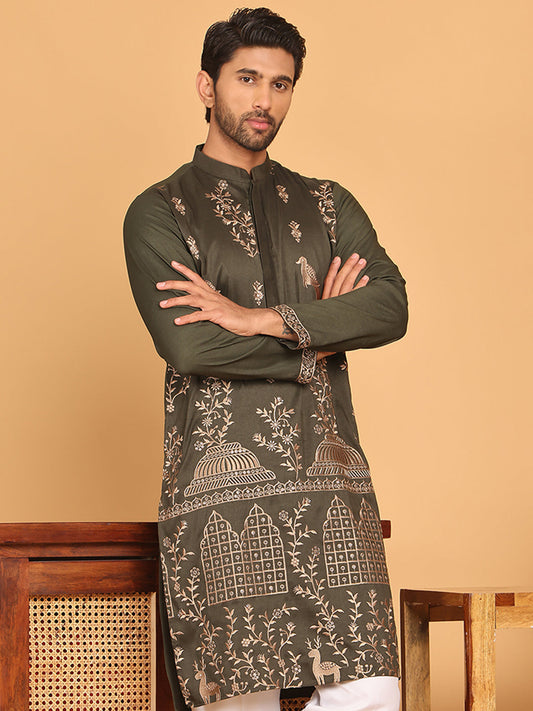 Embroidered Straight Kurtas For Men ( KO 5185 Olive )