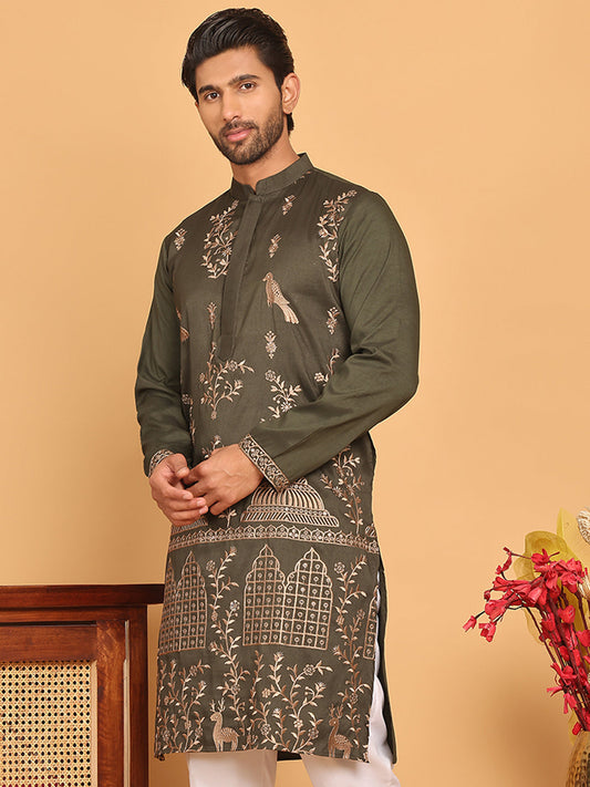 Embroidered Straight Kurtas For Men ( KO 5185 Olive )