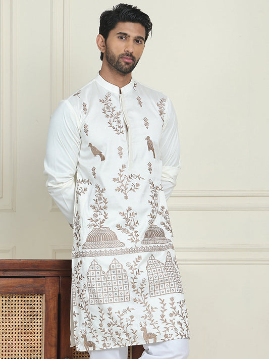 Embroidered Straight Kurtas For Men ( KO 5185 White )