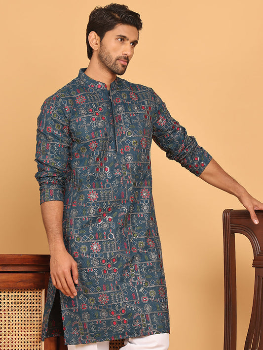 Blue Embroidered Straight Kurtas For Men ( KO 5192 Teal )