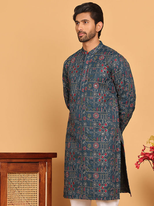 Blue Embroidered Straight Kurtas For Men ( KO 5192 Teal )