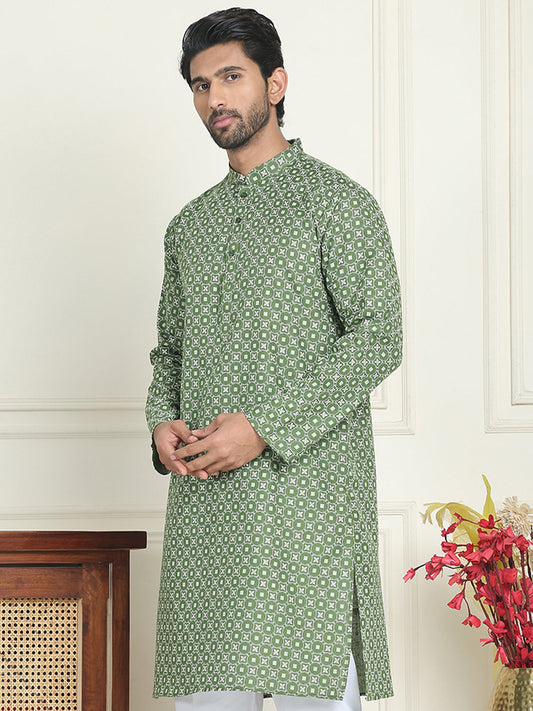 Men's Geometric Printed Kurtas. ( KO 5198 Olive )