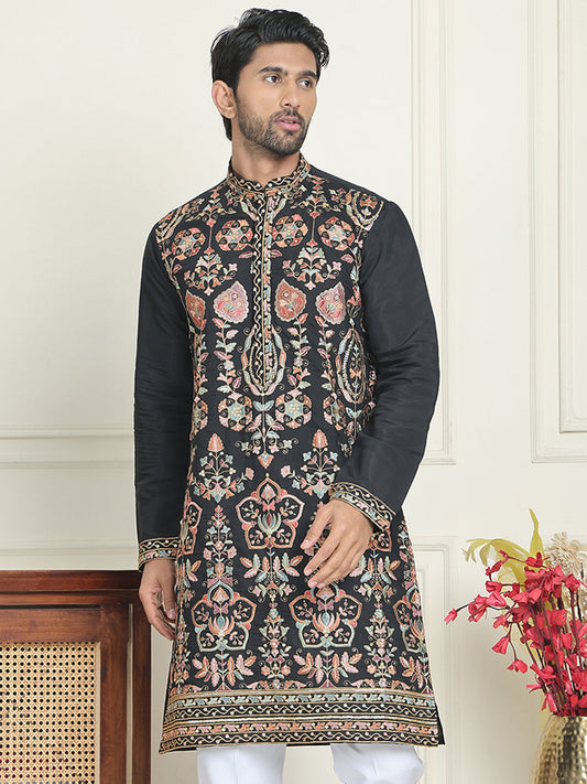 Floral Embroidered Straight Kurtas For Men ( KO 5200 Black )
