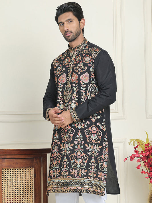 Floral Embroidered Straight Kurtas For Men ( KO 5200 Black )