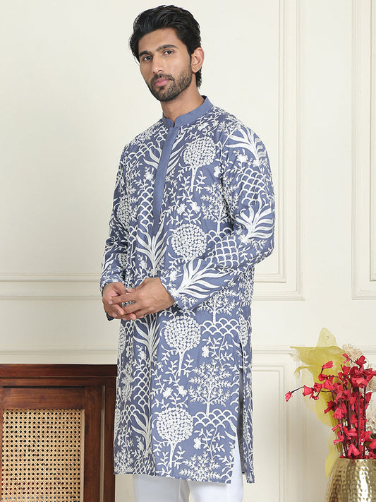 Embroidered Silk Blend Kurtas ( KO 5201 Blue )