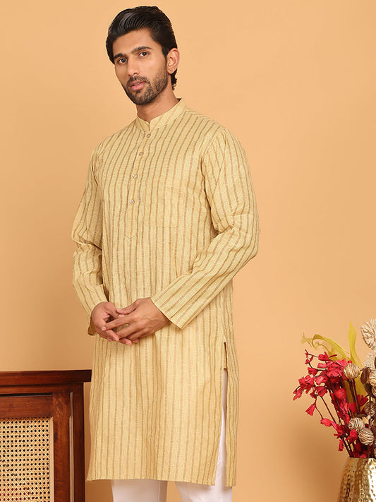 Men's Cotton Striped Kurtas ( KO 5207 Beige )