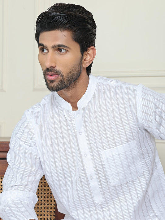Men's Cotton Striped Kurtas ( KO 5207 White )
