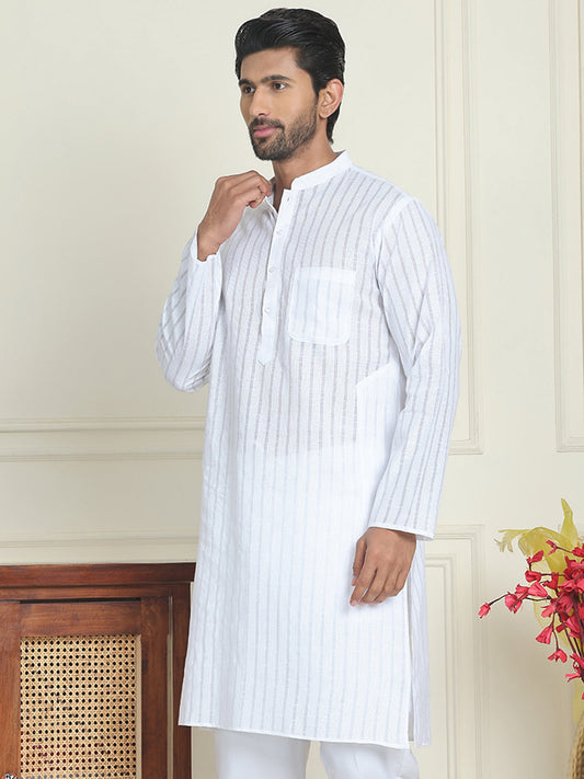 Men's Cotton Striped Kurtas ( KO 5207 White )