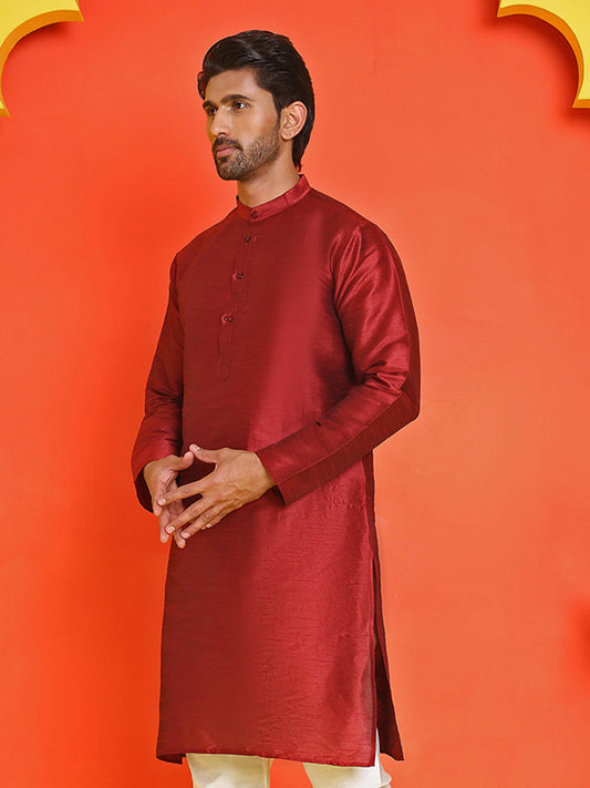 Solid Dupion Silk Kurtas for Men ( KO 5209 Maroon )